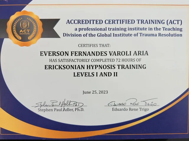 Certificado de Everson Varoly: Hipnose Ericksoniana · níveis I e II
