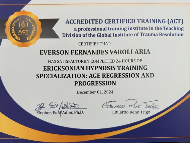 Certificado de Everson Varoly: Hipnose: regressão e progressão de idade